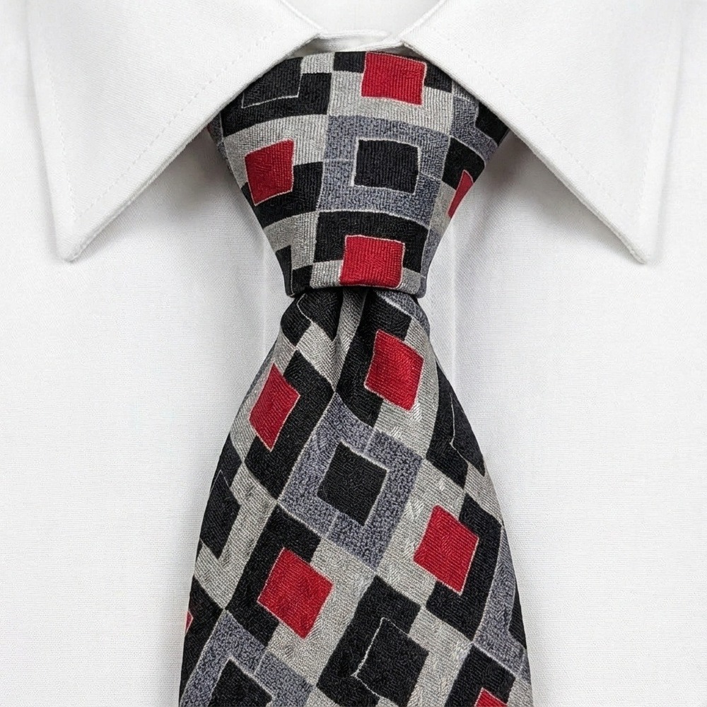 Hubert Milano Geometric Silk Tie Red Black Gray Men's Luxury Italian Made